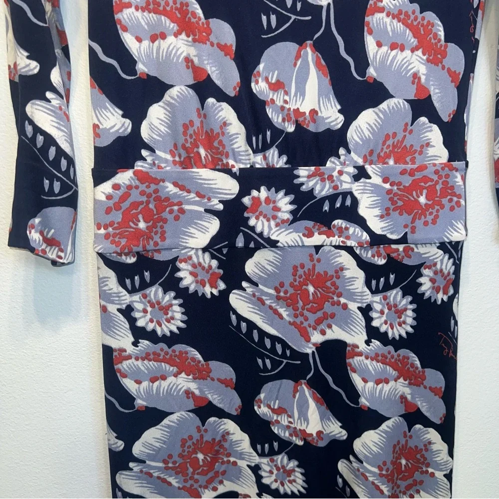 Tory Burch Silk Floral Navy Knee Length Sheath Dress Size Small 3/4 Sleeves